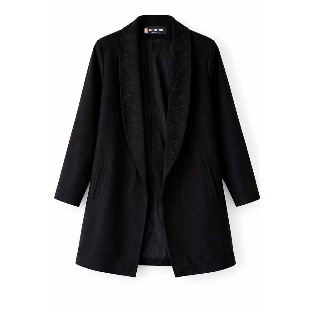 Komitor Womens Black Wool Coat Embroidered Lapel Open Front Vintage USA